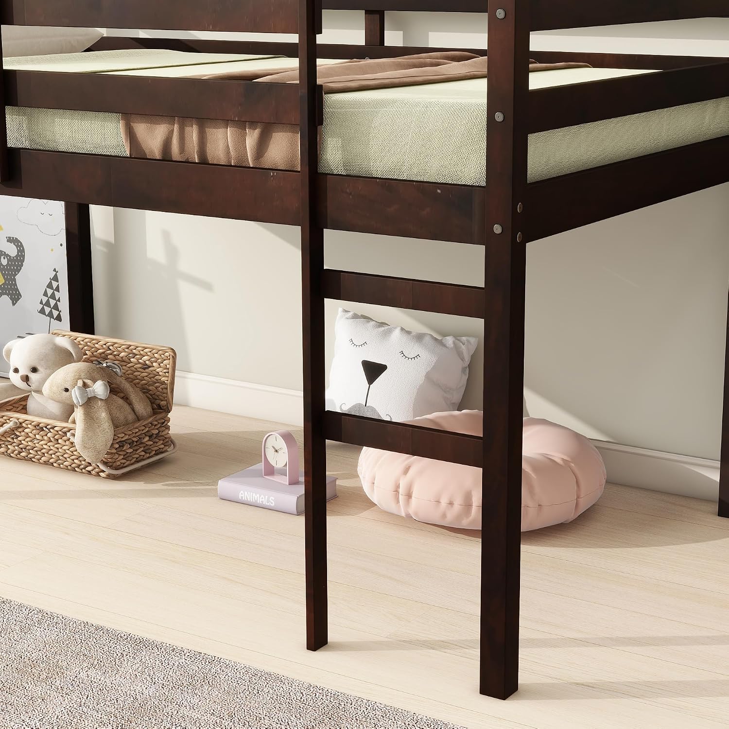JIVOIT Wood Low Loft Bed Frame with Ladder, Solid Rubber Wooden Twin Loft Bed, Bed Platform of Strengthened Slats, Space Saving Design, No Box Spring Needed (Espresso,104)