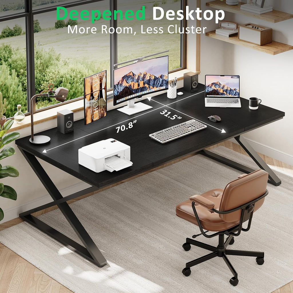 IBF Large Black Computer Desk, 70.8' Long Writing Desk for Home Office, Modern Simple Executive Work Study Desk for Two Person, Wood Double PC Gaming Workstation Computer Table for Bedroom, Black Oak
