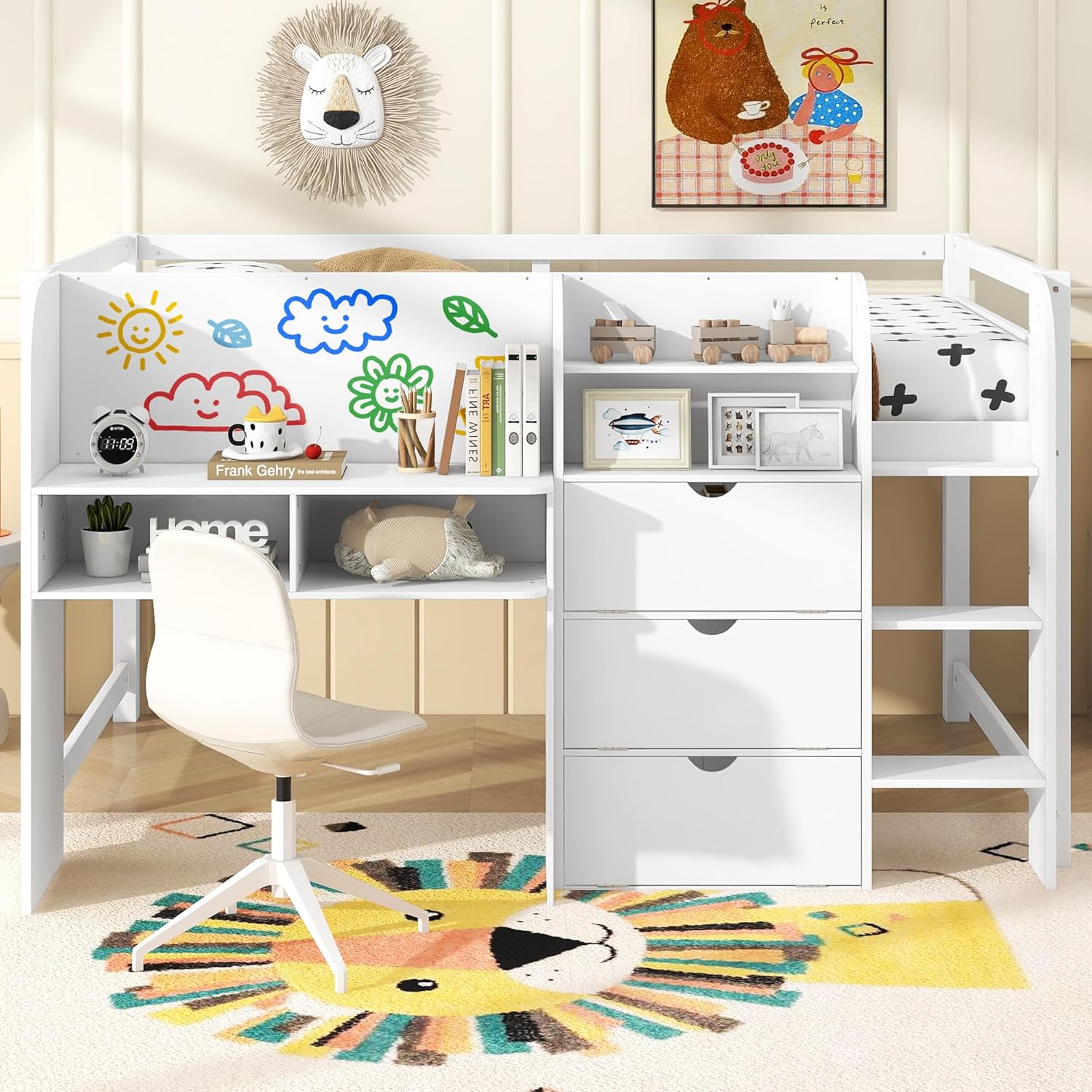 JIVOIT Full Size Loft Bed with Built-in Desk, Wooden Low Loft Bed with Storage Cabinets and Open Bookcase, Whiteboard for Graffiti, Safety Guardrail & Ladder, Easy Assembly (White//57)