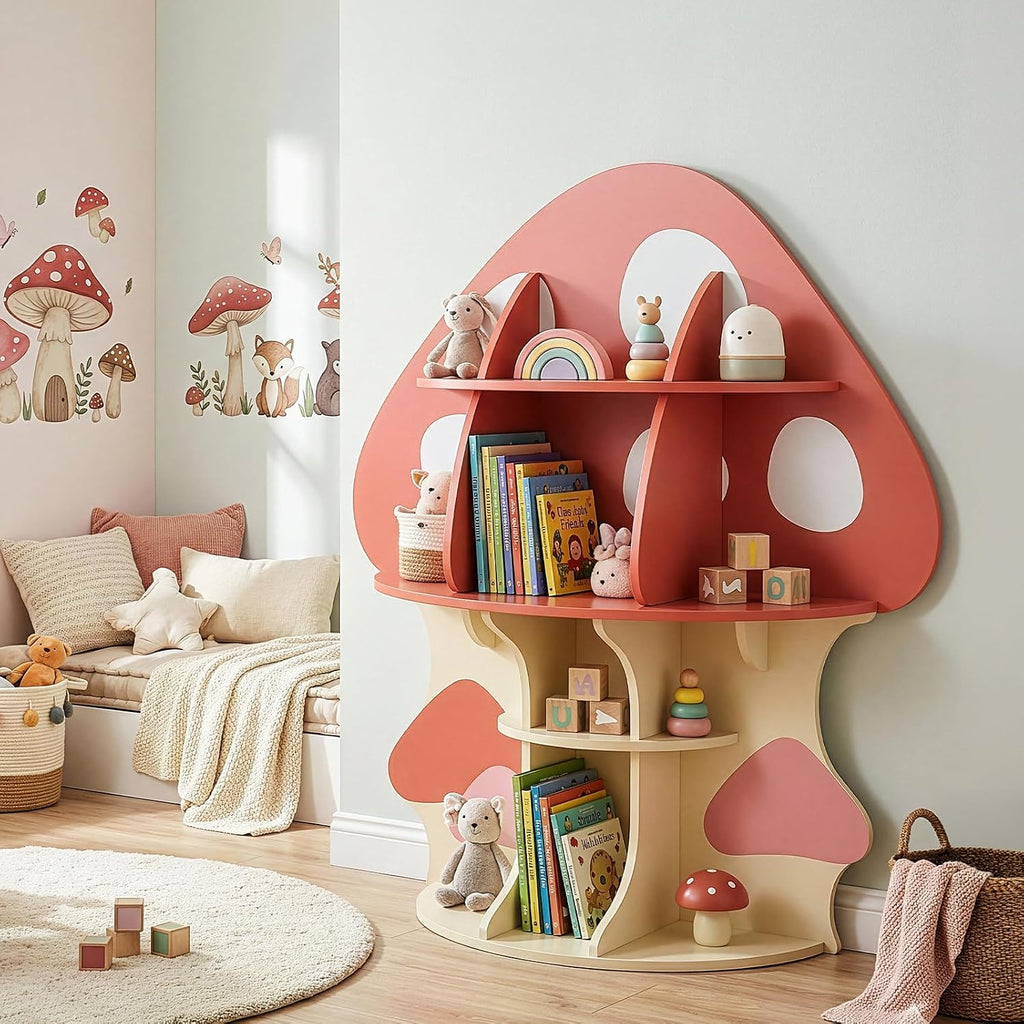 Karl home Children Mushroom Bookcase, Toddler Tree Bookshelf for Kids, Baby Montessori Bookshelf and Toy Storage, Kids Room Furniture, Display Shelf for Bedroom, Nursery, Playroom, Red-Orange