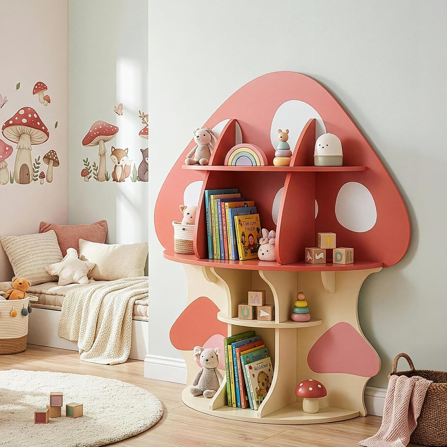 Karl home Children Mushroom Bookcase, Toddler Tree Bookshelf for Kids, Baby Montessori Bookshelf and Toy Storage, Kids Room Furniture, Display Shelf for Bedroom, Nursery, Playroom, Red-Orange