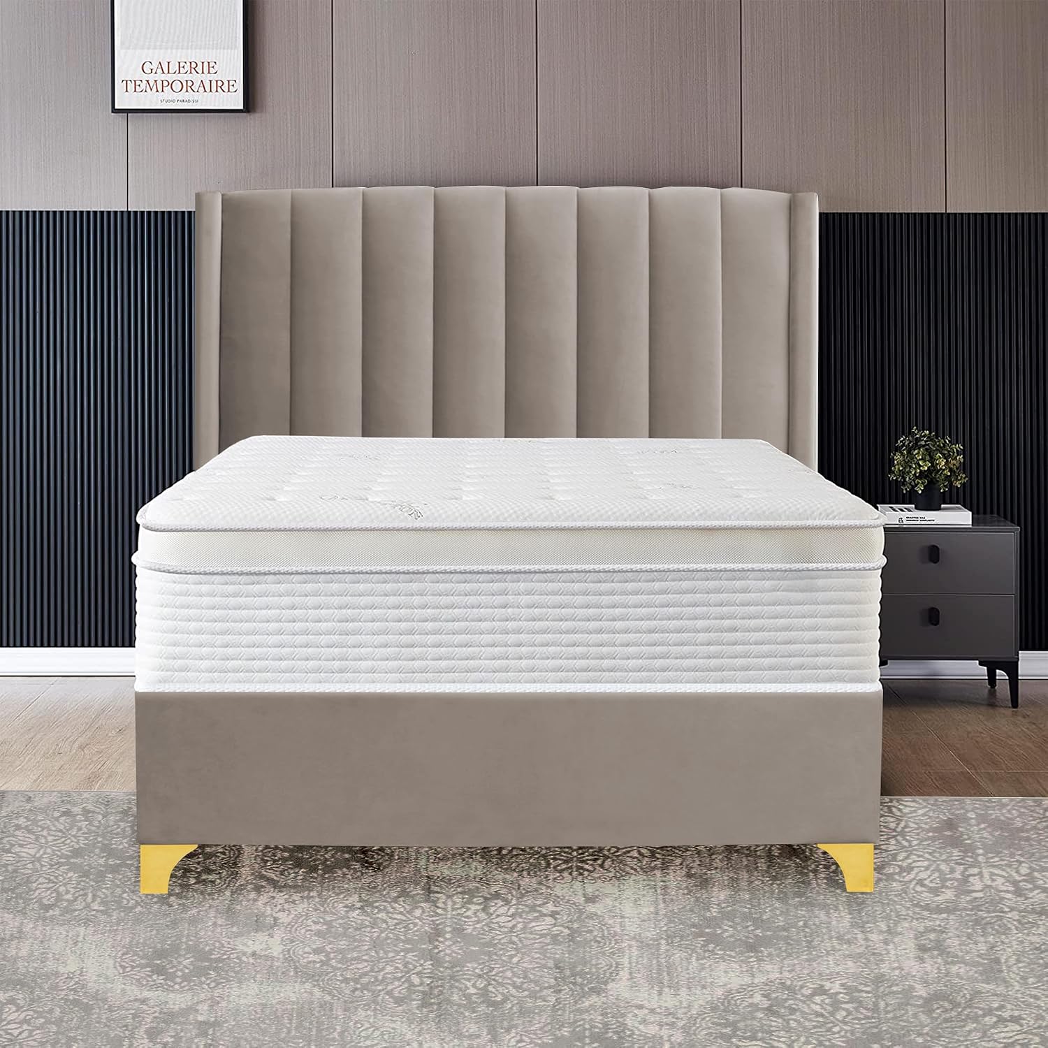 Greaton, Suede Upholstered Bed Frame, Decorative Attractive Headboard, Long Lasting Durable, Includes 3 Color Legs to Choose Gold, Silver and Black, 48-Inch, Taupe