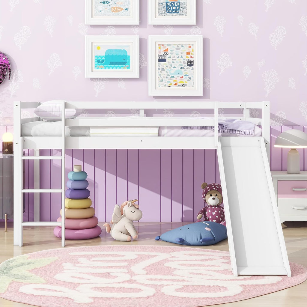 JIVOIT Twin Size Low Loft Bed with Slide and Ladder, Rubber Wood Twin Loft Bed with Under Bed Storage Space, Wood Slats Support, No Box Spring Needed (White/407)