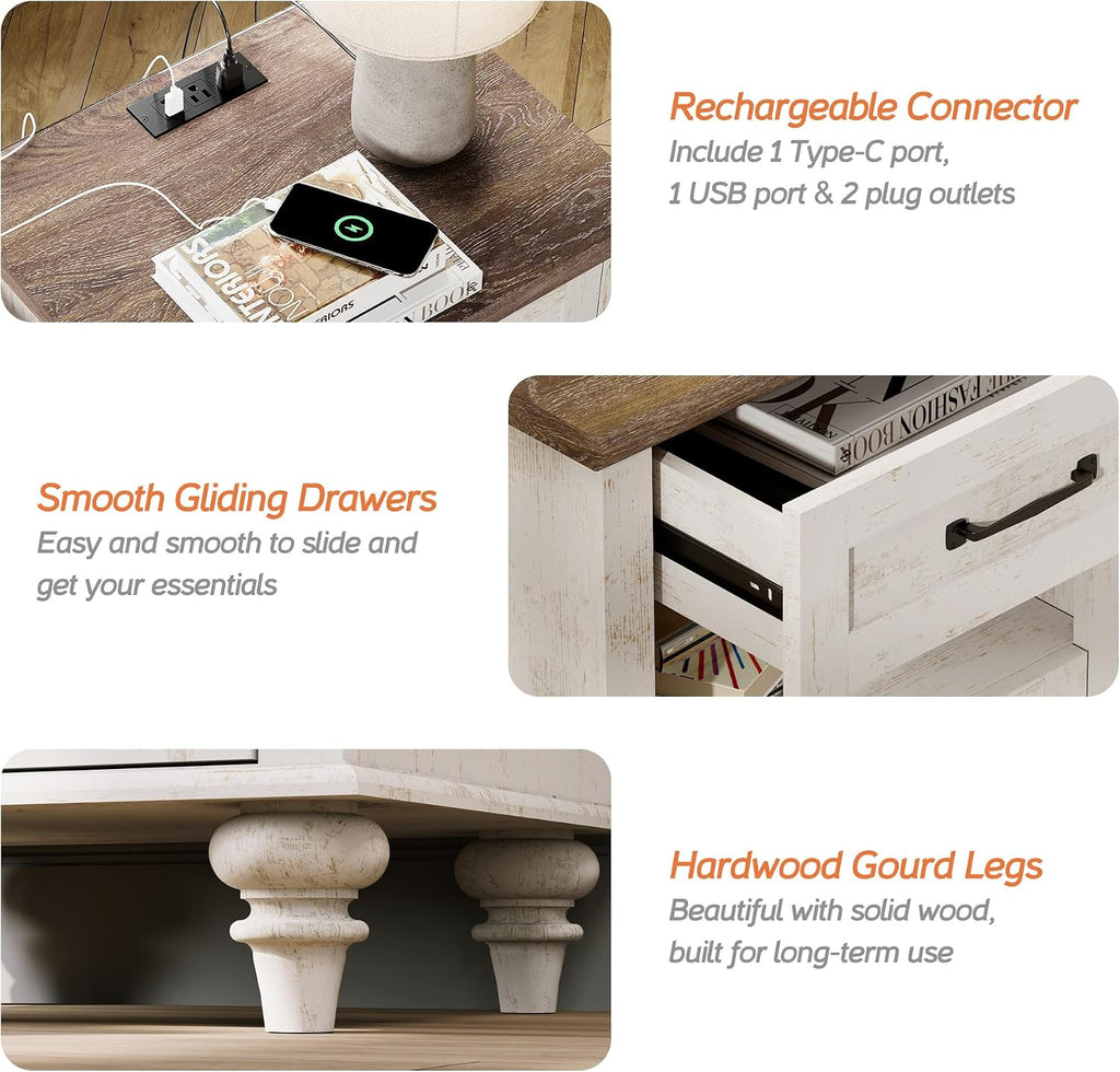 WAMPAT 2 Piece Bedroom Set - Includes 6 Drawer Dresser for Bedroom, Farmhouse Nightstand with Charging Station & Drawers & Cubby, 2 Piece Dresser and Nightstand Sets, Antique White