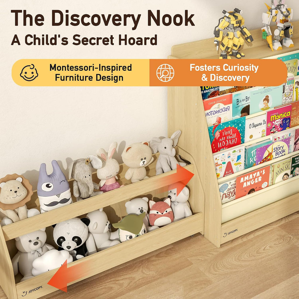 JOYCOPY- 2-in-1 Bookcase Set 5-Tier Kids Bookshelf and Toy Storage with Rolling Book cart, Hideable Storage for Nursery, Playroom, Classroom, Nature
