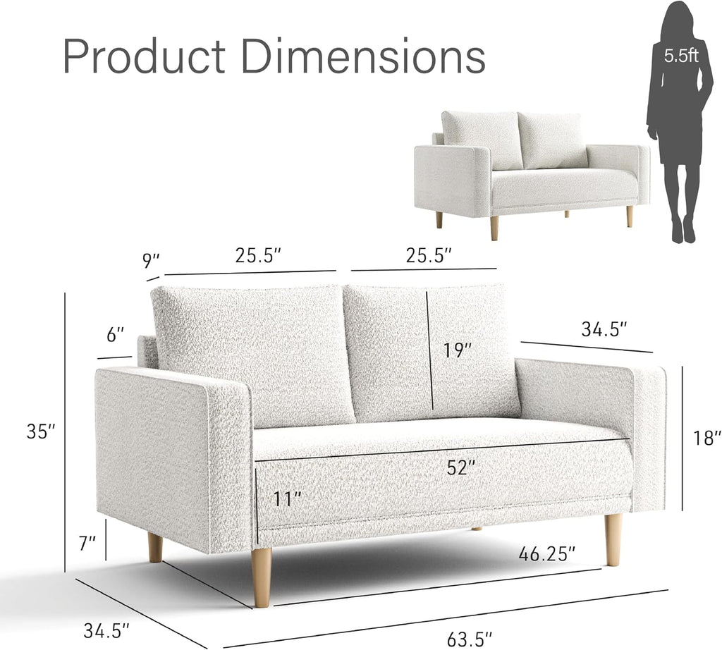 Furniture of America Oriana Contemporary Boucle Loveseat Couch with Back Pillows and Wooden Legs, Comfy Fabric Upholstered Small Sofa for Living Room, Bedroom, Home Office, Off-White