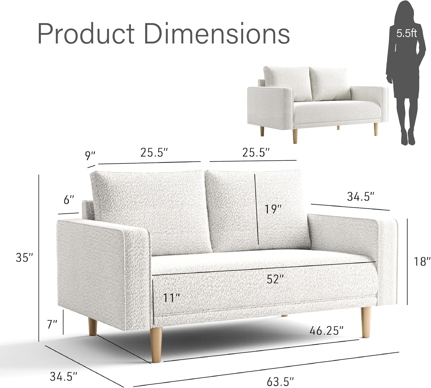 Furniture of America Oriana Contemporary Boucle Loveseat Couch with Back Pillows and Wooden Legs, Comfy Fabric Upholstered Small Sofa for Living Room, Bedroom, Home Office, Off-White