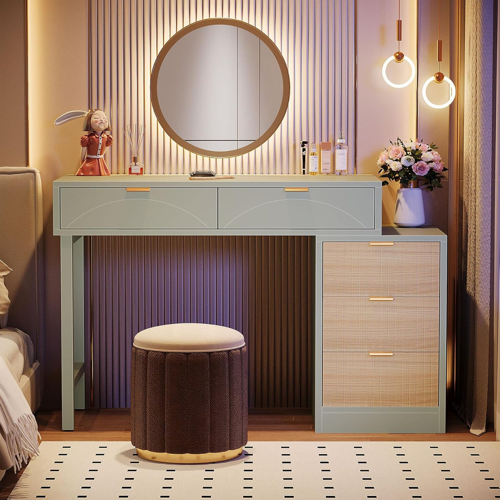 Tribesigns Makeup Vanity Desk with 5 Drawers, Modern Small Dressing Desk with Storage, Wood Make Up Table for Bedroom, Narrow Space (Without Mirror), Mint Green