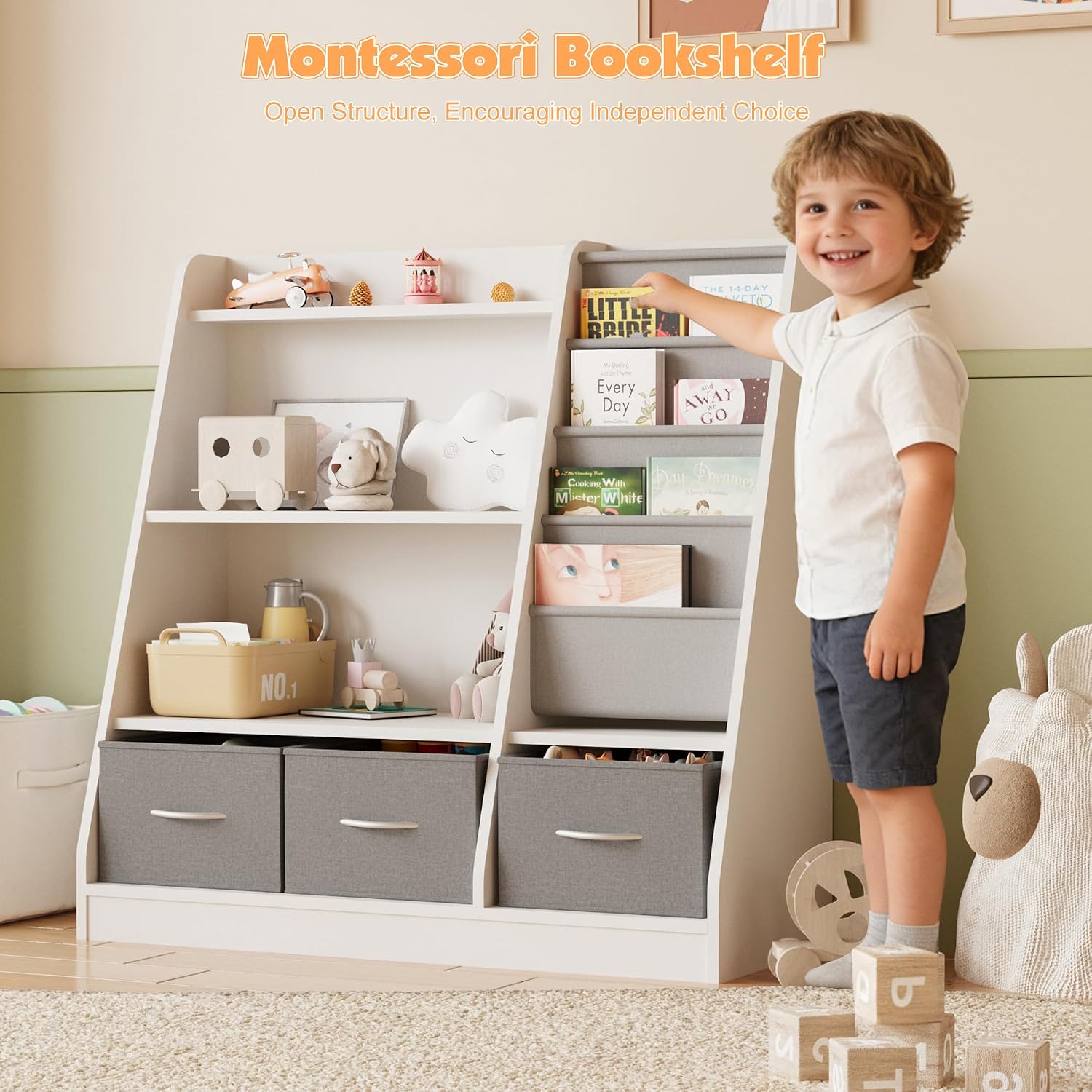 NACHES Kids Bookshelf and Toy Storage Organizer, Montessori Nursery Book Shelves with Sling Rack & Fabric Toy Bins, Children Toddler Baby Bookcase, Wooden Toy Shelf for Kids Room, Playroom, White