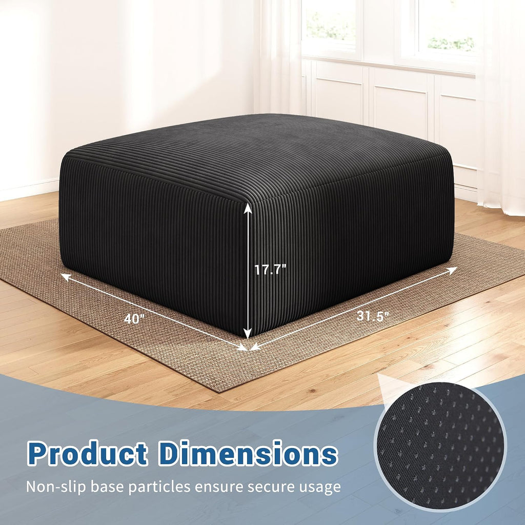40' Oversized Square Corduroy Ottoman Pouf - Poofy Soft Foot Rest with Foam Chunk Filling, Movable Large Ottoman Pouf Footstool for Living Room Sofa Couch Bedroom, Black(1 Piece)