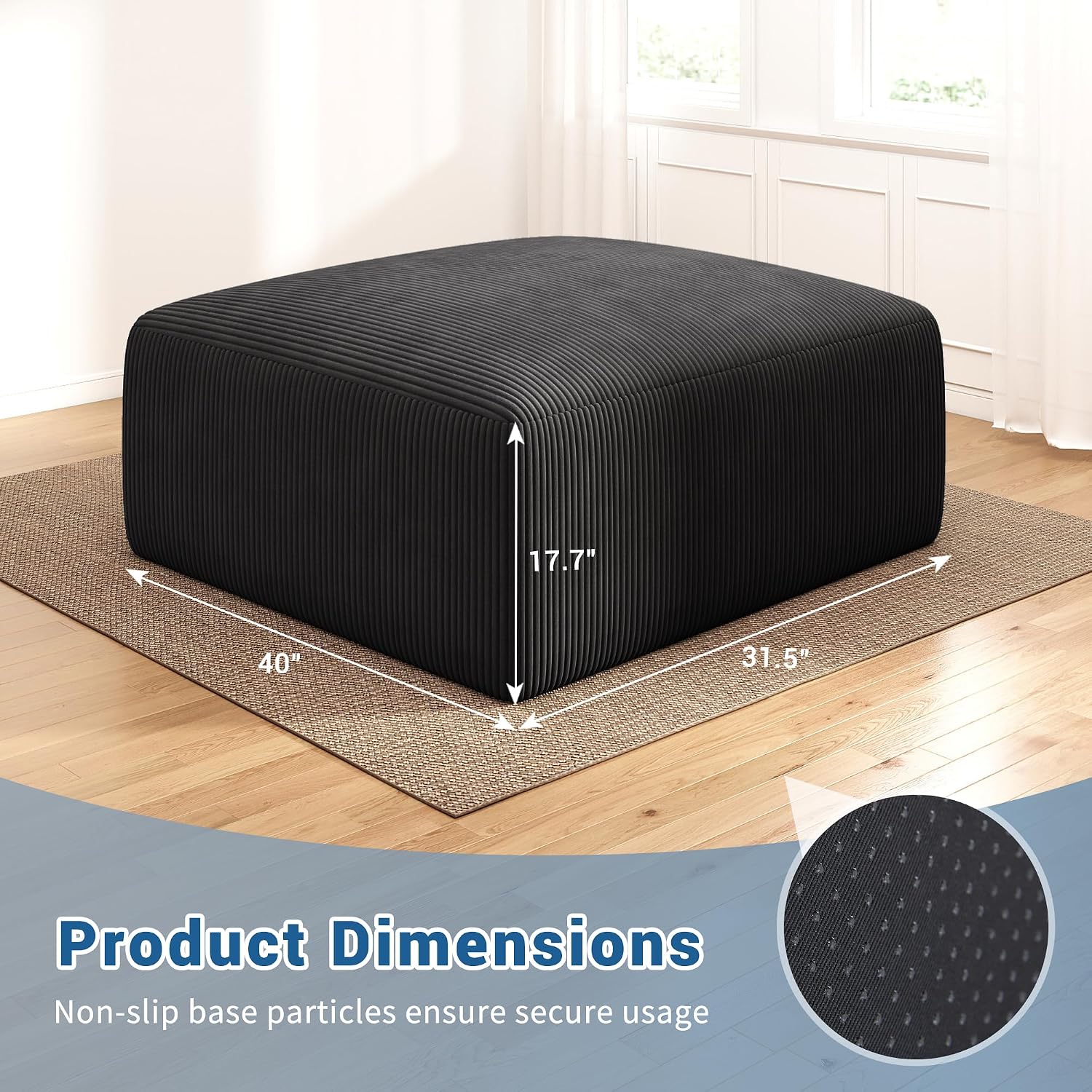 40' Oversized Square Corduroy Ottoman Pouf - Poofy Soft Foot Rest with Foam Chunk Filling, Movable Large Ottoman Pouf Footstool for Living Room Sofa Couch Bedroom, Black(1 Piece)