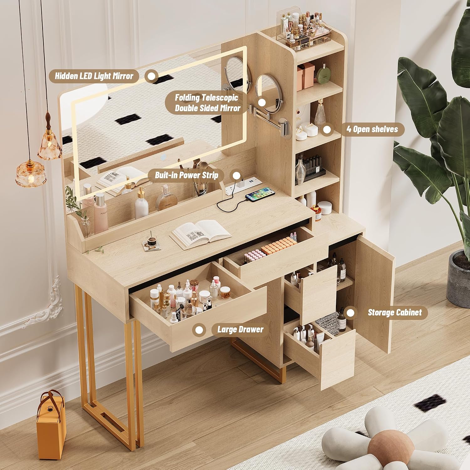 Vanity Desk with Mirror Lights, 41 Inch Makeup Vanity Table 10x Magnifying Mirror Charging Station Drawers Shelves Cabinet Adjustable 3 Color Brightness Dressing Table for Bedroom (Oak)