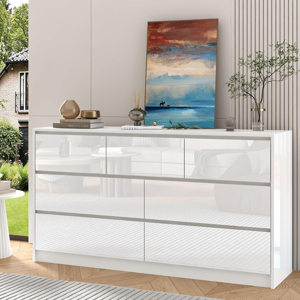 jiteentarou White Malm Dresser for Bedroom, 55 Inch Full High Gloss Dresser with 7 Drawers, Modern Large Wood Chest of Drawer Handle Free, Living Room, Entryway, Hallway, White