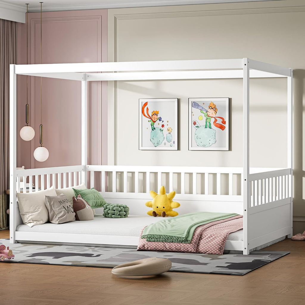 Full Size Canopy Bed Frame with Guardrails,Floor Bed Full with Four Poster Design,Montessori Floor Bed,Wood Canopy Bed Frame for Girls,Boys(Full,White)