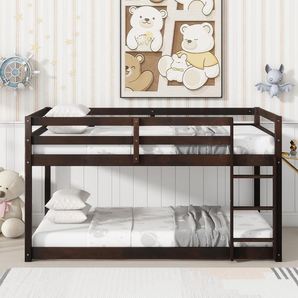 Ball & Cast Twin Over Twin Bunk Bed,Solid Rubber Wooden Low Floor Platform Bed with Ladder and Full Length Guardrail,Slat Support,Bedroom Furniture for Girls Boys,Espresso