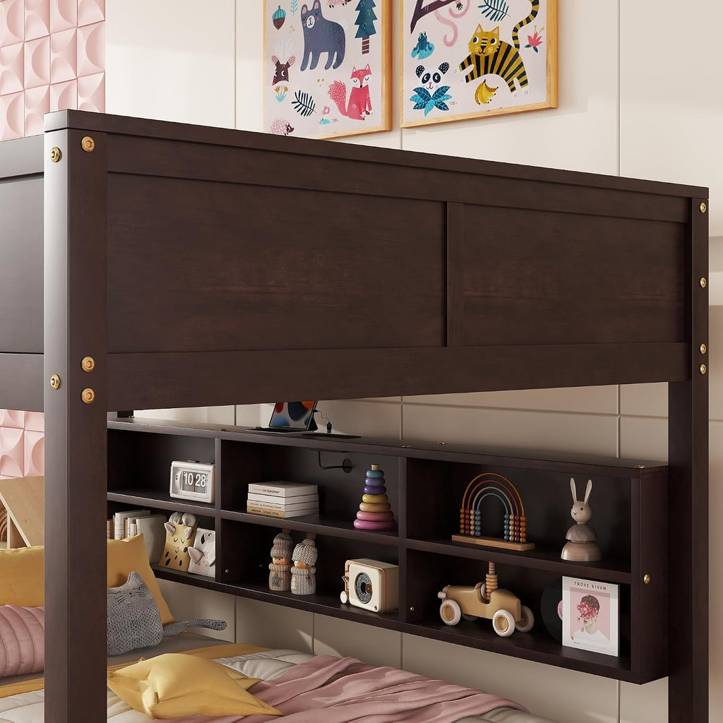 Queen Over Queen Bunk Bed with Built-in Storage Cabinets,Charging Station,Ladder,Safety Guardrails,Solid Pine Wood Bunk Bed for Kids Bedroom