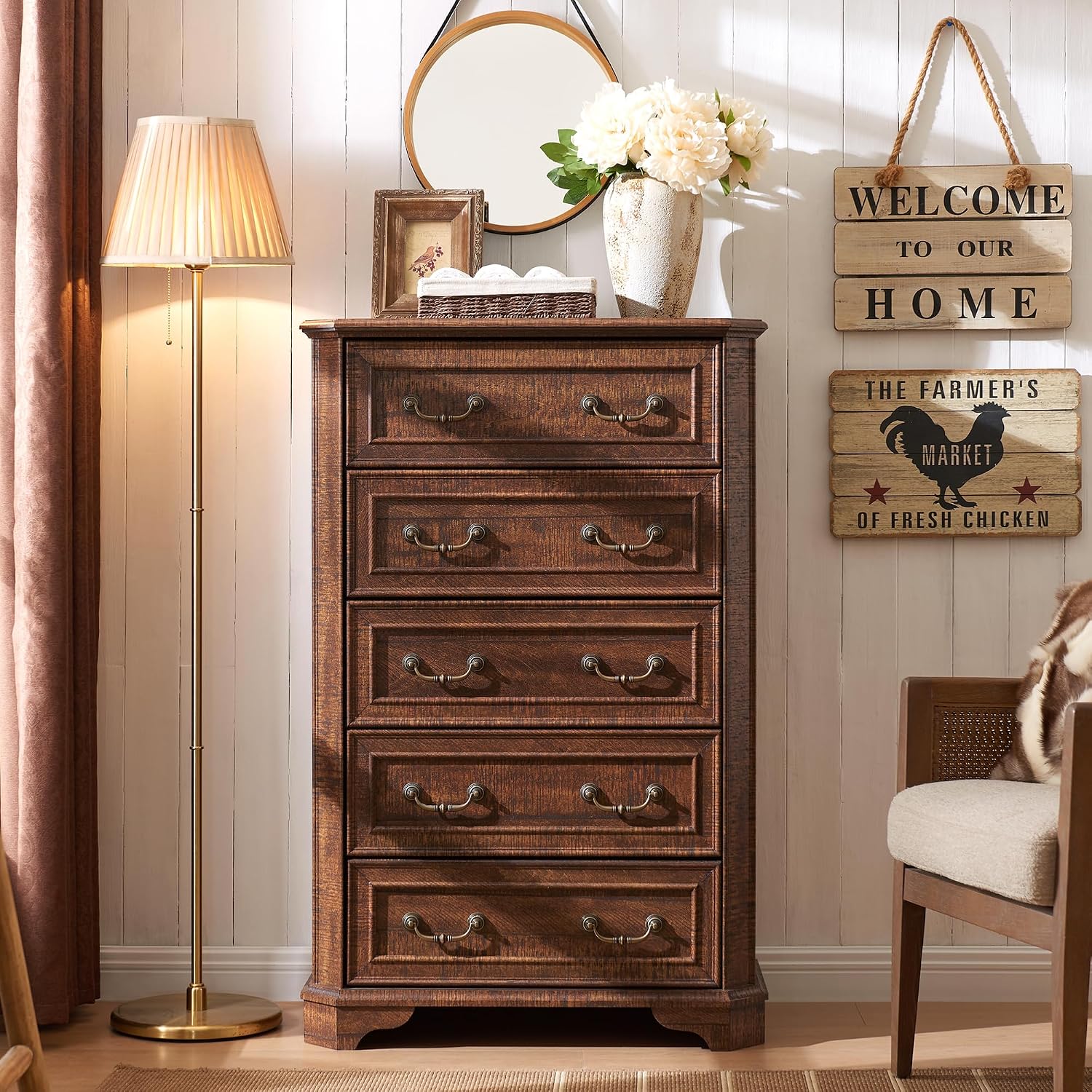 T4TREAM Farmhouse 5 Drawers Dresser for Bedroom, 48' Tall Wood Rustic Chest of Drawers with Natural Texture, Vintage Design, Storage Dressers Organizer for Bedroom, Living Room, Reclaimed Barnwood