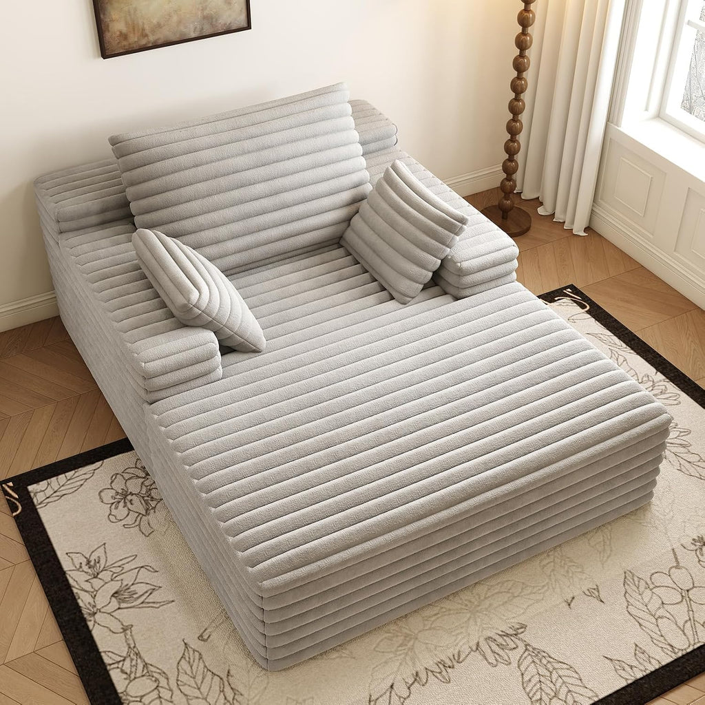 Oversized Chaise Lounge Chair Indoor, 62.6' Cloud Boneless Sleeper Couch Corduroy Upholstered Sofa Bed Deep Seat Comfy Reading Chair with 3 Pillows for Living Room Bedroom, Grey