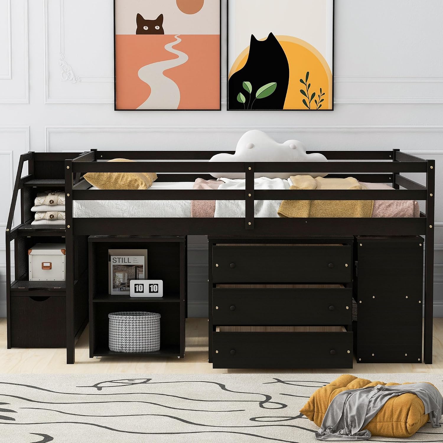 Full Size Loft Bed with Retractable Writing Desk, Wooden Loft Bed with 3 Drawers and Shelves, Storage Stairs, Versatility Low Loft Bed Storage Bed for Kids Boys Girls Bedroom (Espresso,Storage Stairs)