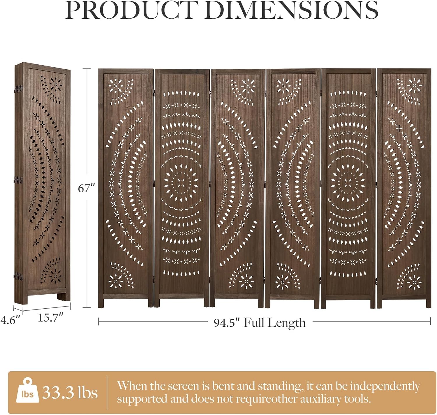 66.9Inch Folding Room Divider, 6 Panels Wood Carved Privacy Screens Free Assembled Freestanding Partition for Bedroom Home Office (Brown)