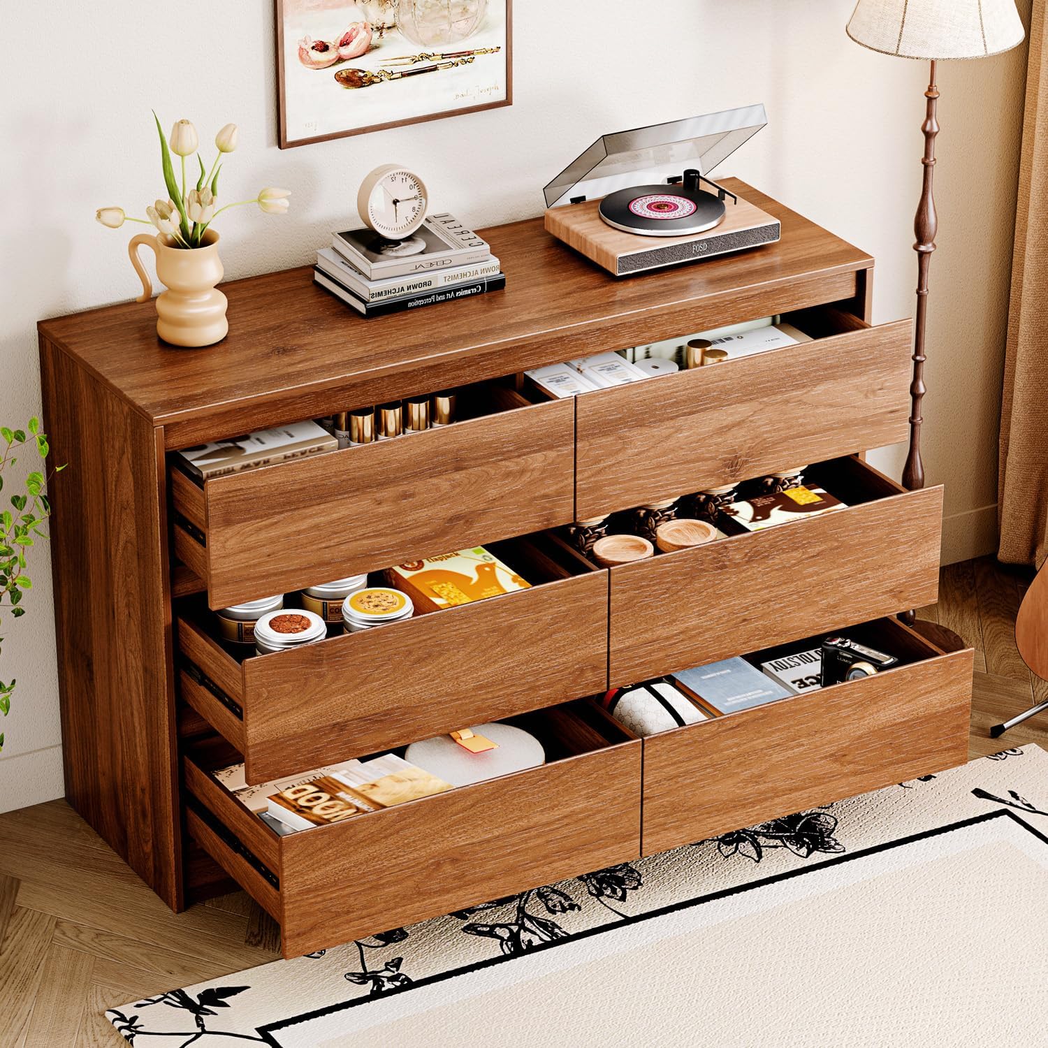 Chrangmay 6 Drawer Dresser,47' Wide Mid Century Chest of Drawers,Wooden Bedroom Drawer Dresser with 6 Storage Drawers for Bedroom,Living Room,with Anti-Tipping Device, Brown