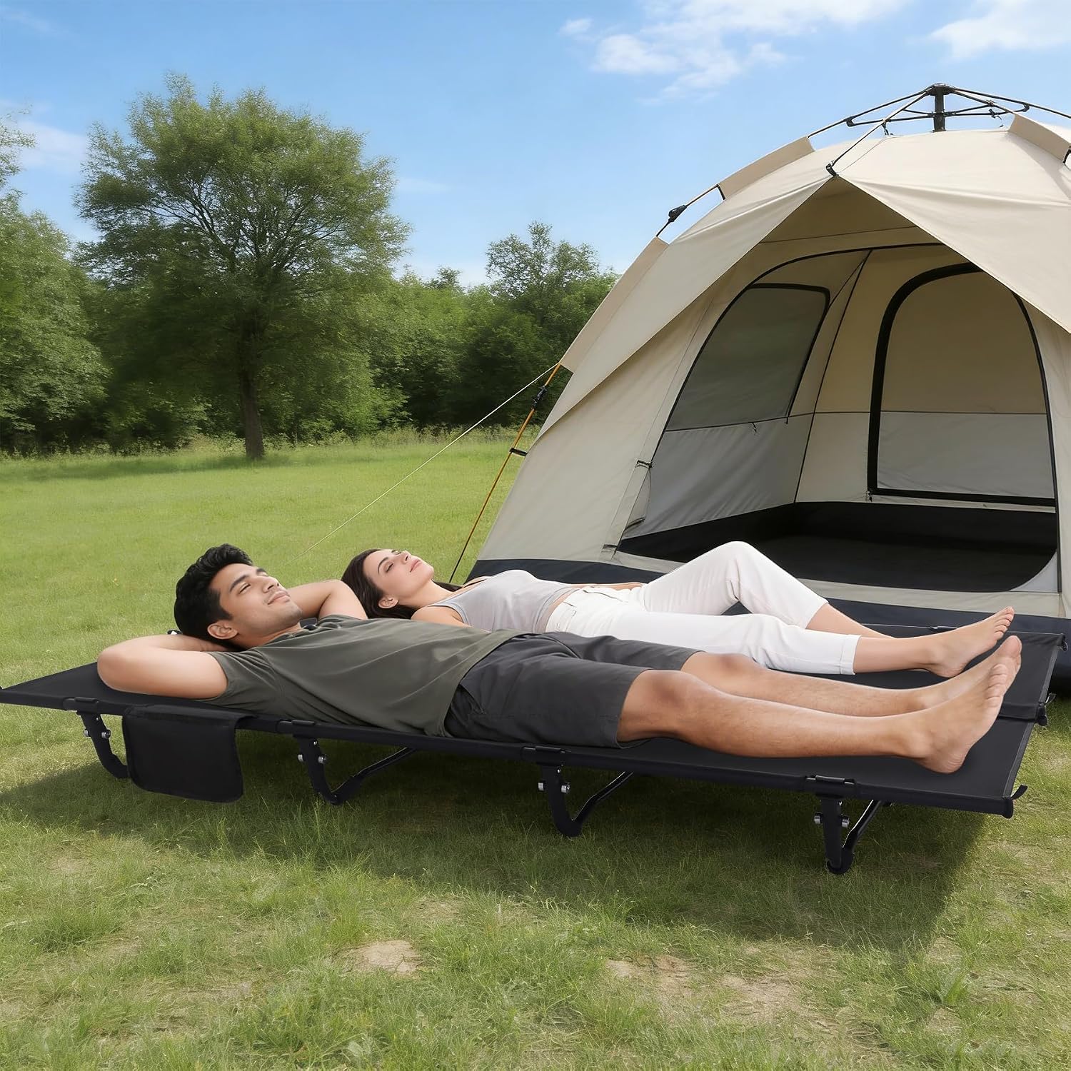 REDCAMP Ultra-Light Double Cot Bed for Adults 2 Person, 500lbs 55' W Heavy Duty XXL Camping Double Cot, Portable Folding Sleeping Cot for Indoor Office Outdoor, Black