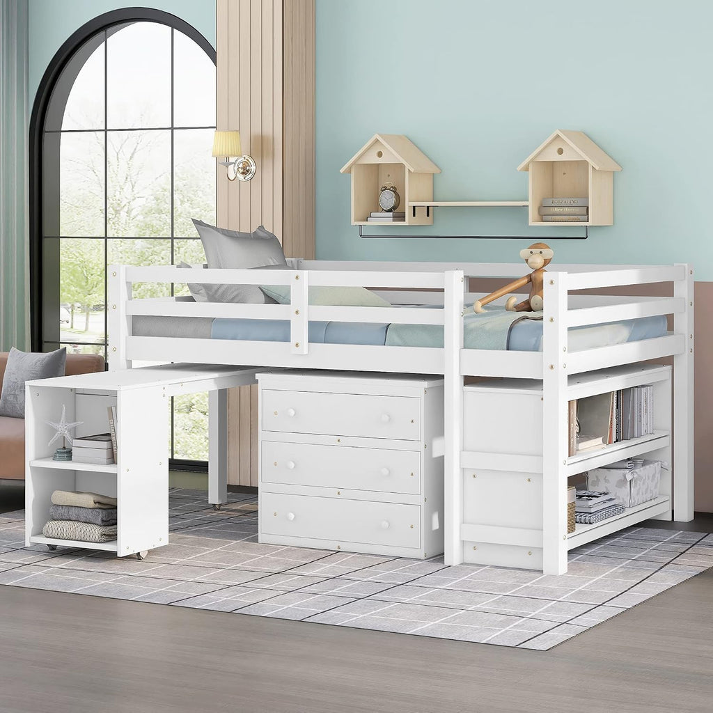 JIVOIT Full Size Low Loft Bed with Rolling Portable Desk, Wooden Loft Bed with Cabinet/Bookshelf/Drawers/Open Shelves for Kids Teens Adults, No Box Spring Required (White-Full-Rolling Portable Desk)