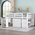 JIVOIT Full Size Low Loft Bed with Rolling Portable Desk, Wooden Loft Bed with Cabinet/Bookshelf/Drawers/Open Shelves for Kids Teens Adults, No Box Spring Required (White-Full-Rolling Portable Desk)