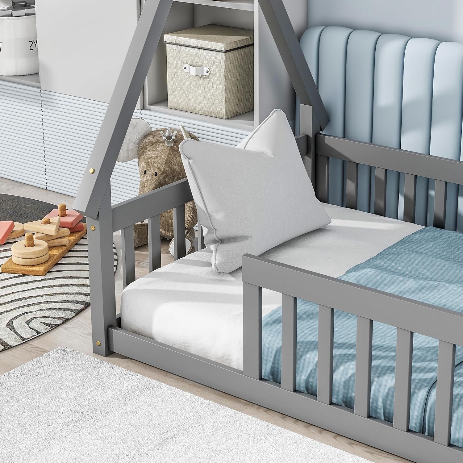 Twin Size Tent Floor Bed for Kids,Montessori Floor Bed with Fence，Floor Bed Frame Twin Size,Teepee Bed with Slats for Girls Boys,Grey