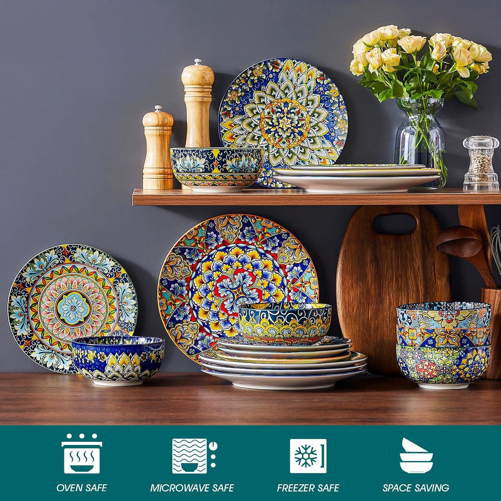 vancasso 18 Pieces Dinnerware Sets, Plates and Bowls Set, Porcelain Dishes Set for 6, Microwave and Dishwasher Safe, Scratch Resistant, Bohemian Style Dining Ware Service for 6, Series SIMI