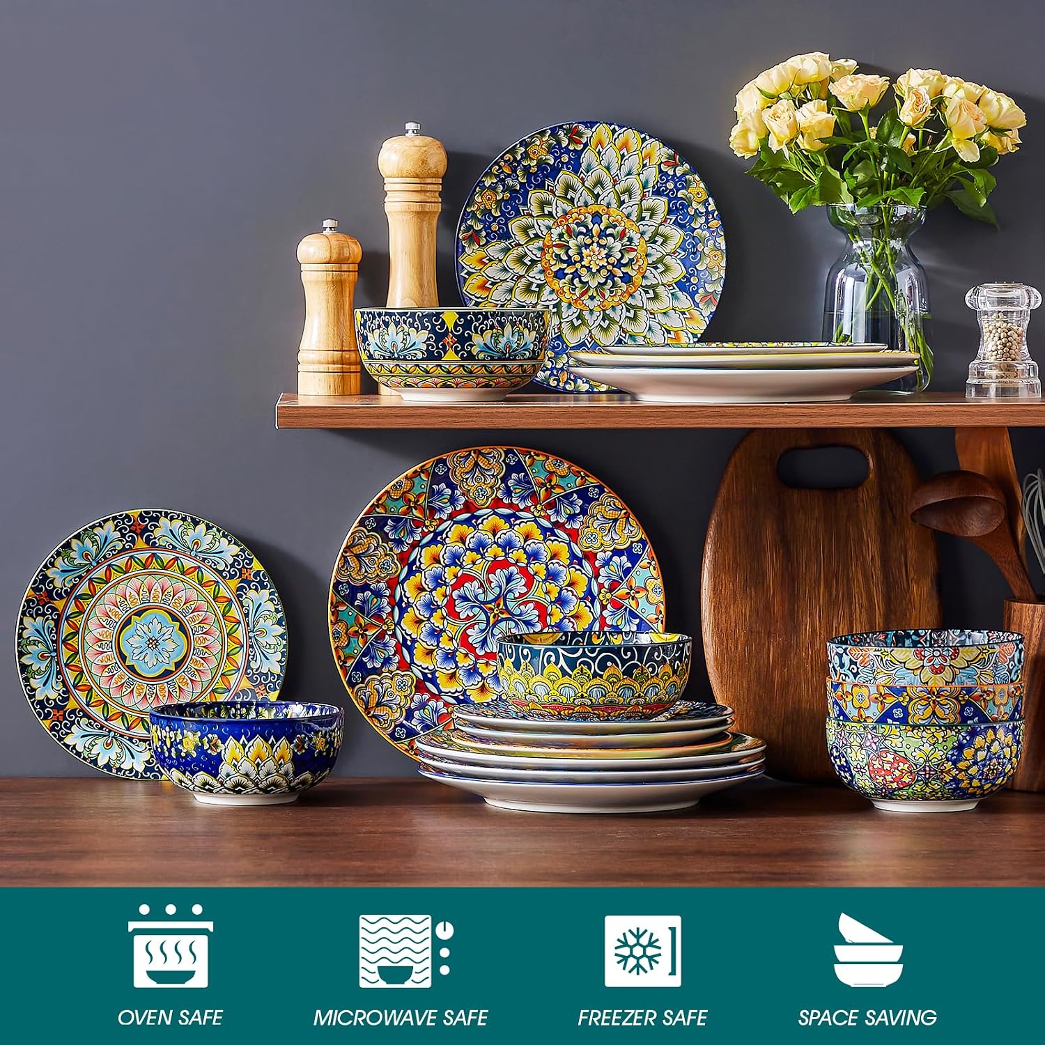 vancasso 18 Pieces Dinnerware Sets, Plates and Bowls Set, Porcelain Dishes Set for 6, Microwave and Dishwasher Safe, Scratch Resistant, Bohemian Style Dining Ware Service for 6, Series SIMI