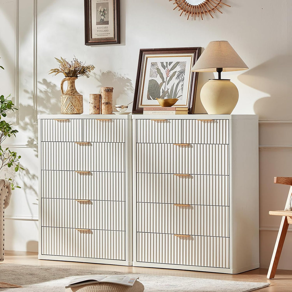 LEYAOYAO Fluted 6 Drawers Dresser for Bedroom, 42' Tall Modern Chest of Drawers with Metal Handle, Curved Profile Design,White Wood Drawer Organizer for Bedroom, Living Room, Hallway, Entryway