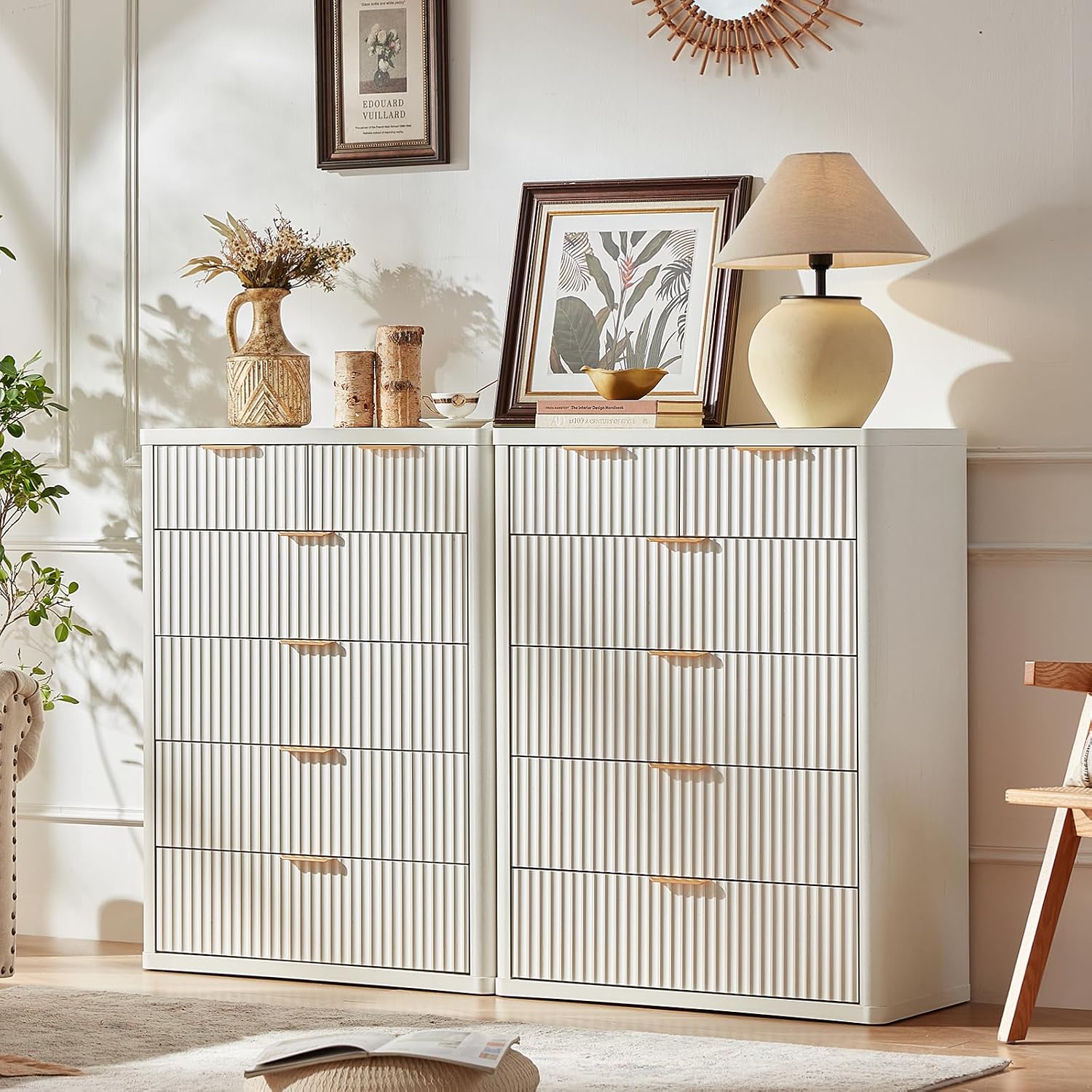 LEYAOYAO Fluted 6 Drawers Dresser for Bedroom, 42' Tall Modern Chest of Drawers with Metal Handle, Curved Profile Design,White Wood Drawer Organizer for Bedroom, Living Room, Hallway, Entryway