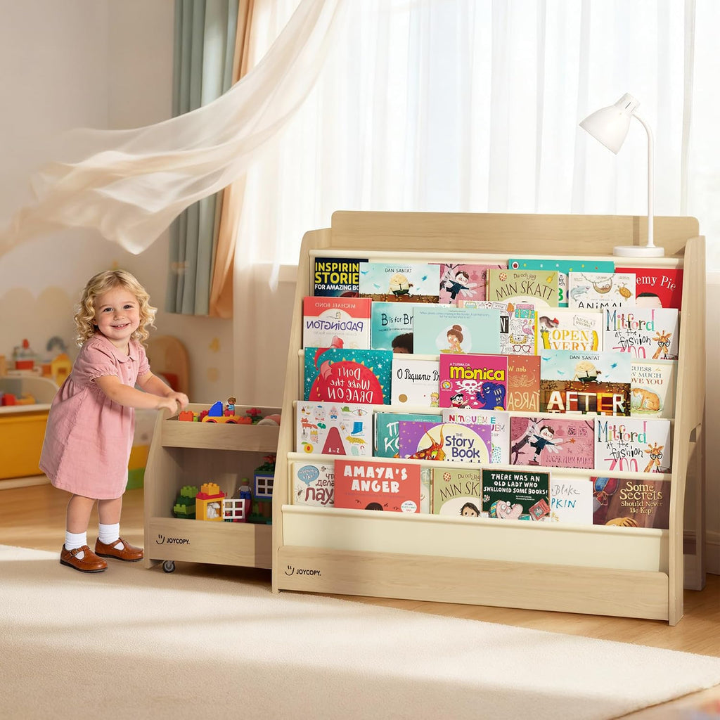 JOYCOPY- 2-in-1 Bookcase Set 5-Tier Kids Bookshelf and Toy Storage with Rolling Book cart, Hideable Storage for Nursery, Playroom, Classroom, Nature