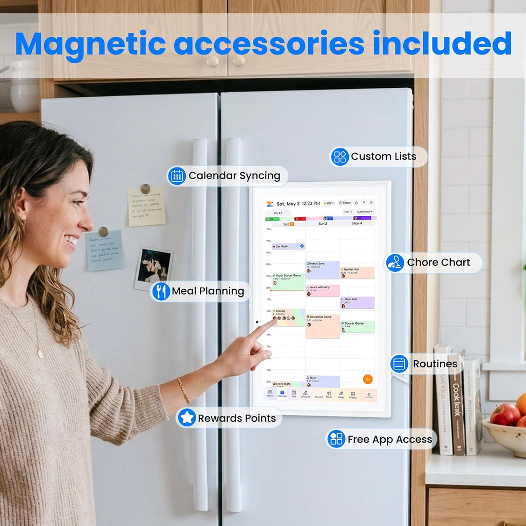 15.6' Smart Digital Calendar, Touchscreen Family Planner, No Subscription Required, 32GB, Multi-User Sync, Wall/Desk Mountable with Magnetic Accessories, Gifts for Mom Dad