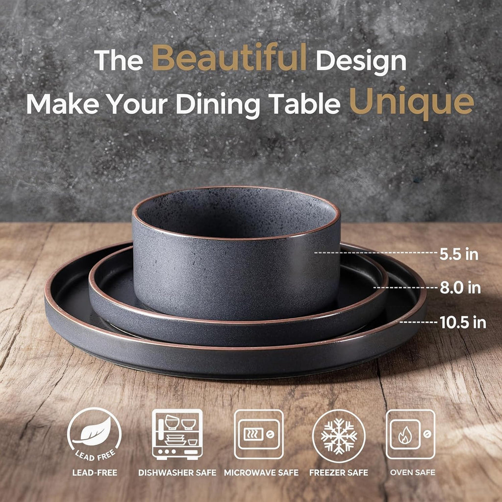 LERATIO Ceramic Dinnerware Sets for 8, High Edge Stoneware Plates and Bowls Set, Chip and Crack Resistant | Oven & Dishwasher & Microwave Safe Dishes Set, Service for 8 -Ashen