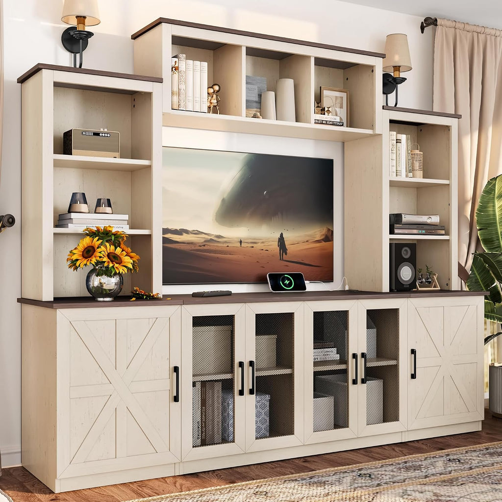 Entertainment Center Wall Unit with Storage for TVs Up to 55', Farmhouse TV Stand with Bookcase and Storage Cabinets, TV Stand Media Console for Living Room, Beige