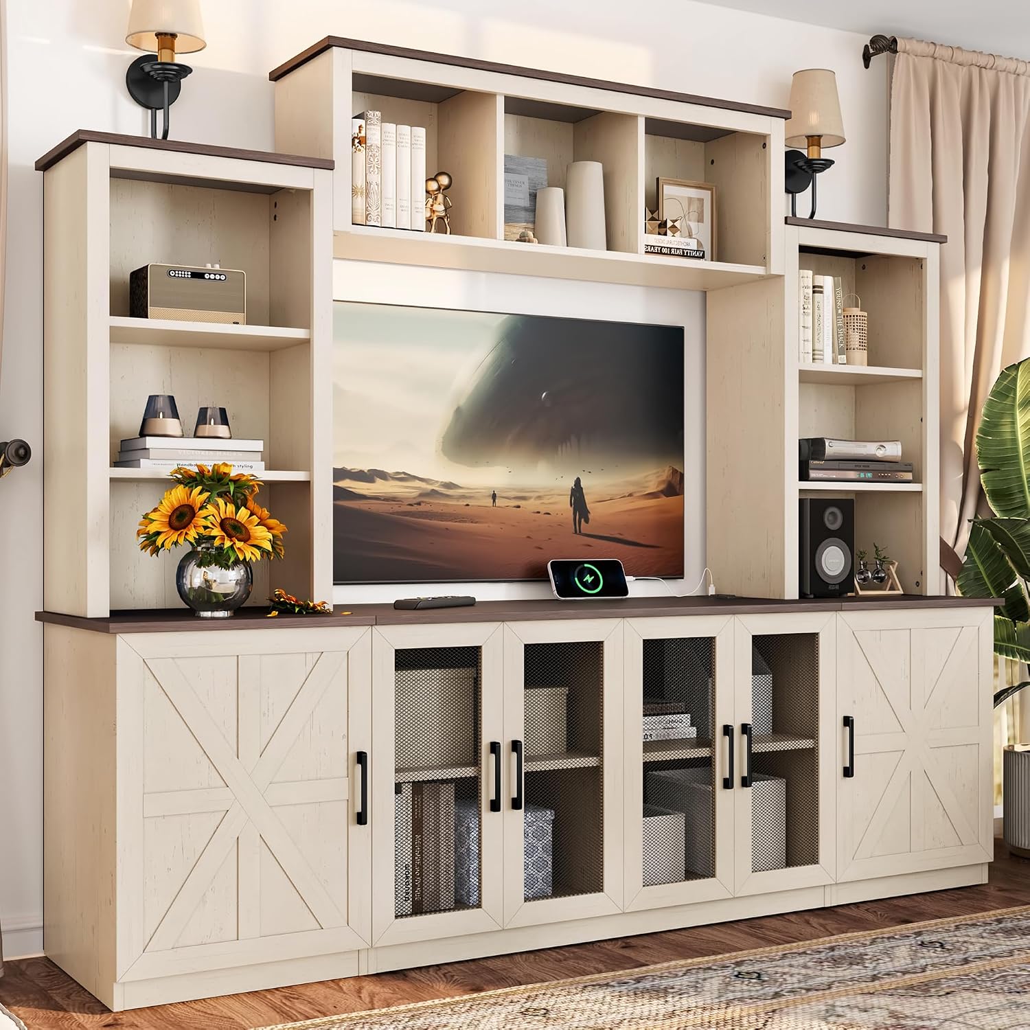 Entertainment Center Wall Unit with Storage for TVs Up to 55', Farmhouse TV Stand with Bookcase and Storage Cabinets, TV Stand Media Console for Living Room, Beige