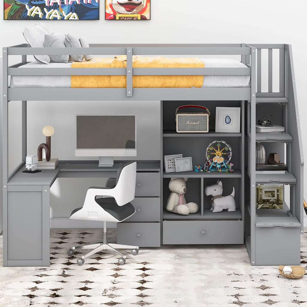 Twin Size Loft Bed with L-Shaped Desk and Drawers,Multifunctional Wooden Bed Frame,W/Cabinet and Storage Staircase, No Box Spring Requiredfor Kids Boys Girls Teens,Gray