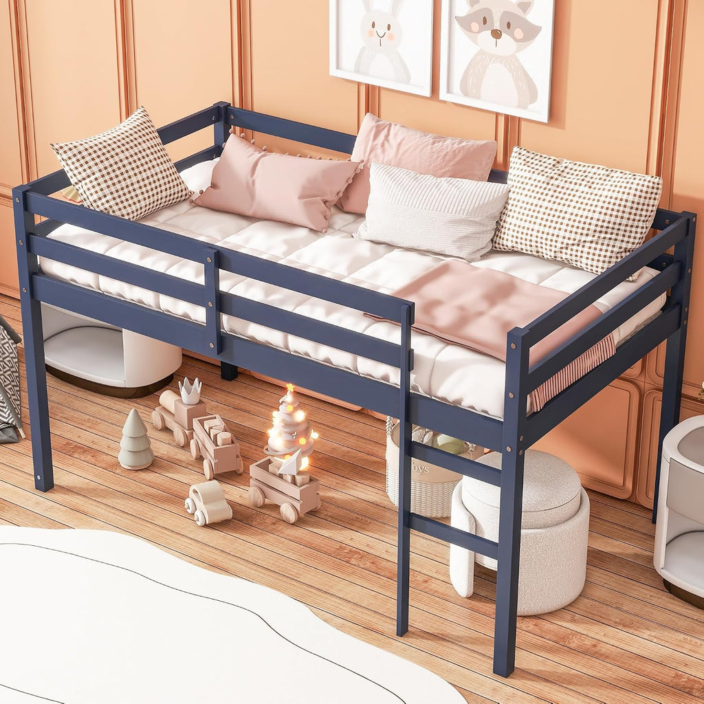 JIVOIT Twin Size Loft Bed with Ladder, Solid Rubber Wooden Low Height Loft Bed, Bed Platform of Strengthened Slats, No Box Spring Needed (Blue//14)