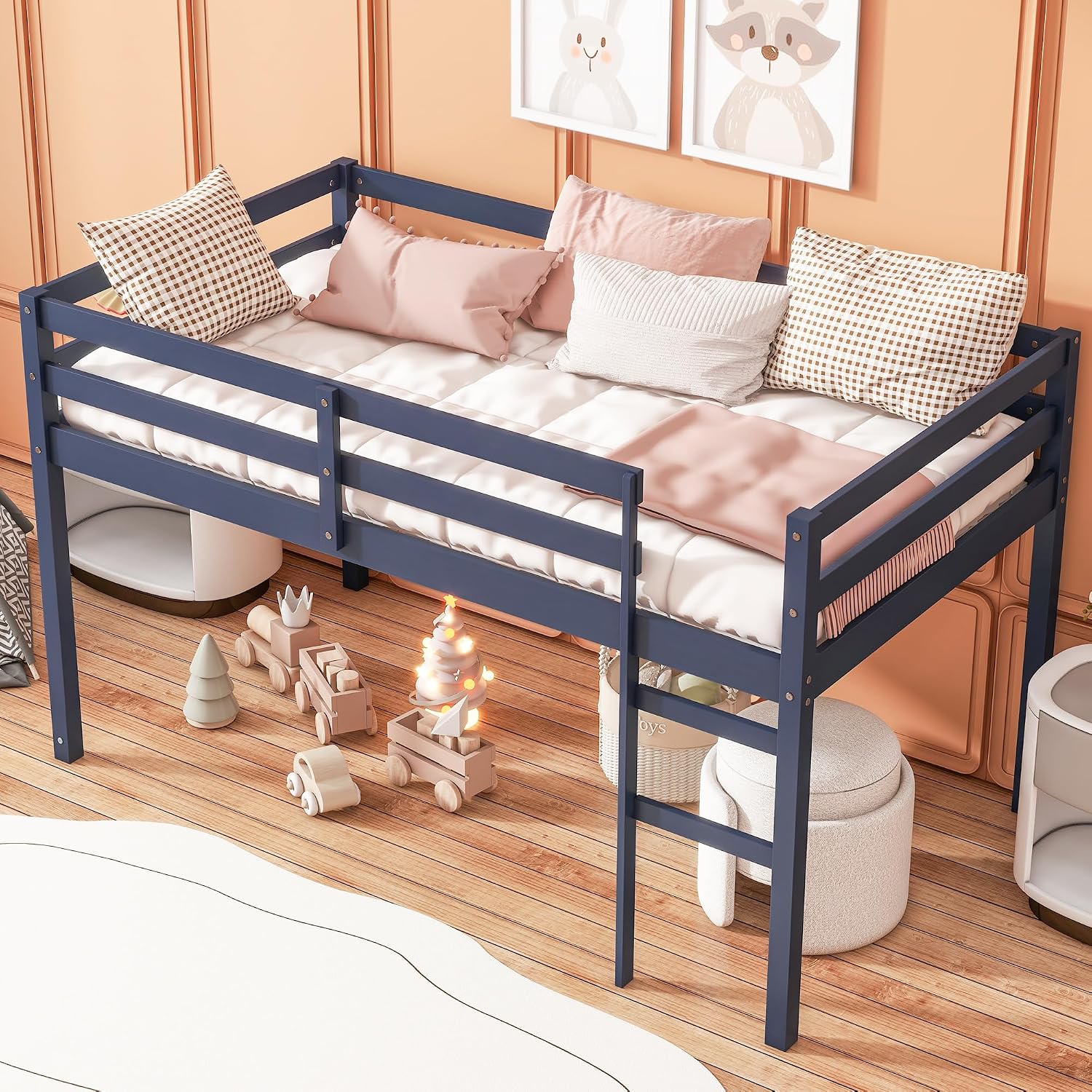 JIVOIT Twin Size Loft Bed with Ladder, Solid Rubber Wooden Low Height Loft Bed, Bed Platform of Strengthened Slats, No Box Spring Needed (Blue//14)