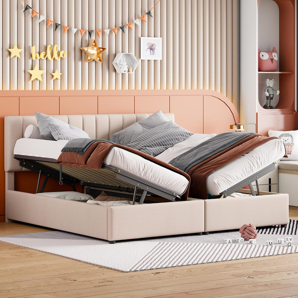 VilroCaz King Size Upholstered Platform Bed with Hydraulic Storage System, Upholstered Linen Platform Bed with Height-Adjustable Channel Tufted Headboard, Sturdy Slats Support (Beige-12.11)