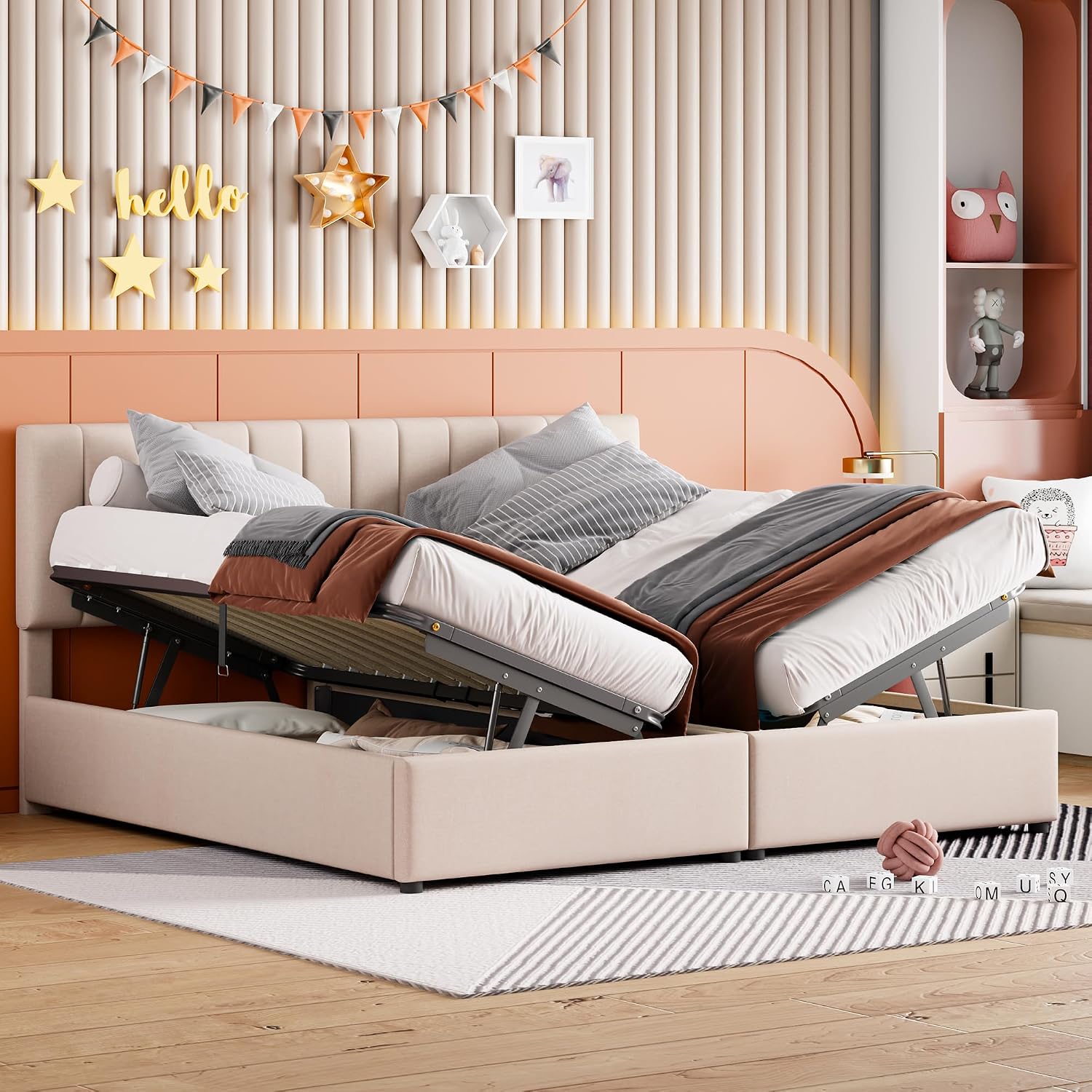 VilroCaz King Size Upholstered Platform Bed with Hydraulic Storage System, Upholstered Linen Platform Bed with Height-Adjustable Channel Tufted Headboard, Sturdy Slats Support (Beige-12.11)