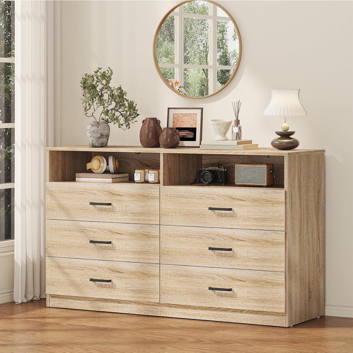 Bigbiglife 6 Drawers Dresser for Bedroom Wooden Drawer with Open Storage Cubby, Double Wide Dresser Organizer for Bedroom, Living Room, Entryway, Hallway (Light Oak)