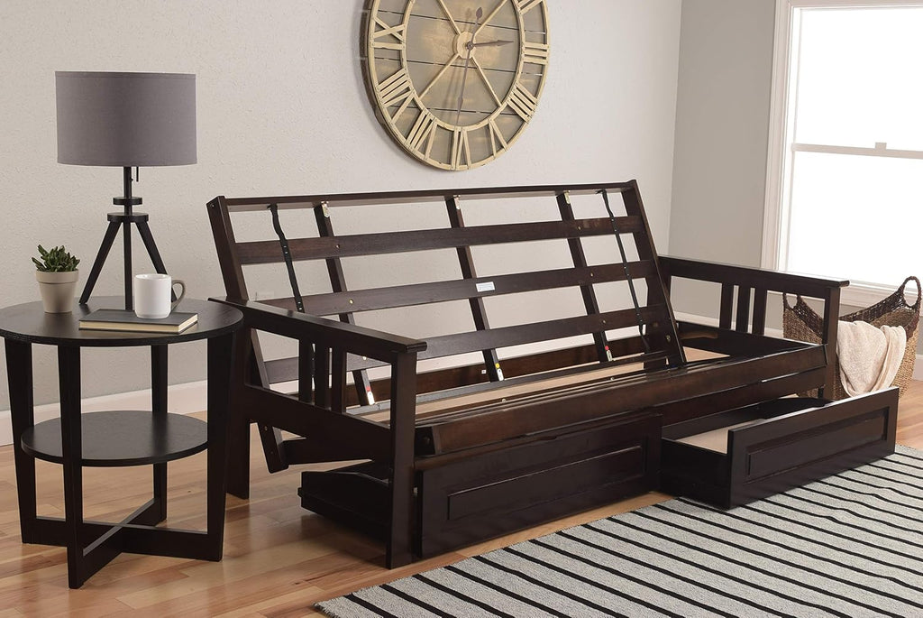 Kodiak Furniture Monterey Futon Set with Storage Drawers, with Espresso Base and Suede Black Mattress