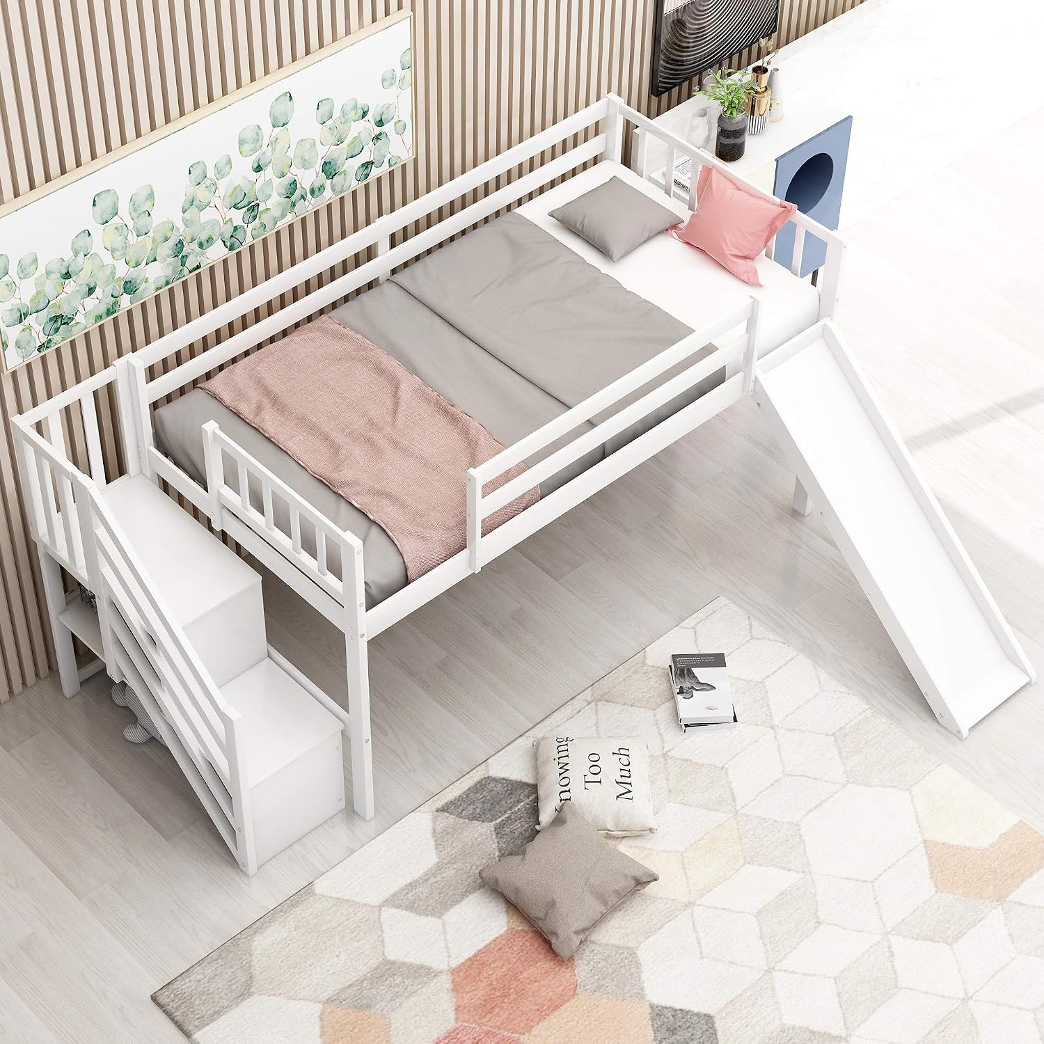 Twin Low Loft Bed with Adjustable Slide/Staircase/Storage Shelves for Kid/Boy/Girl/Teens, Full-Length Guardrails, Solid Wood, Space-Saving (White+Low Loft Bed)