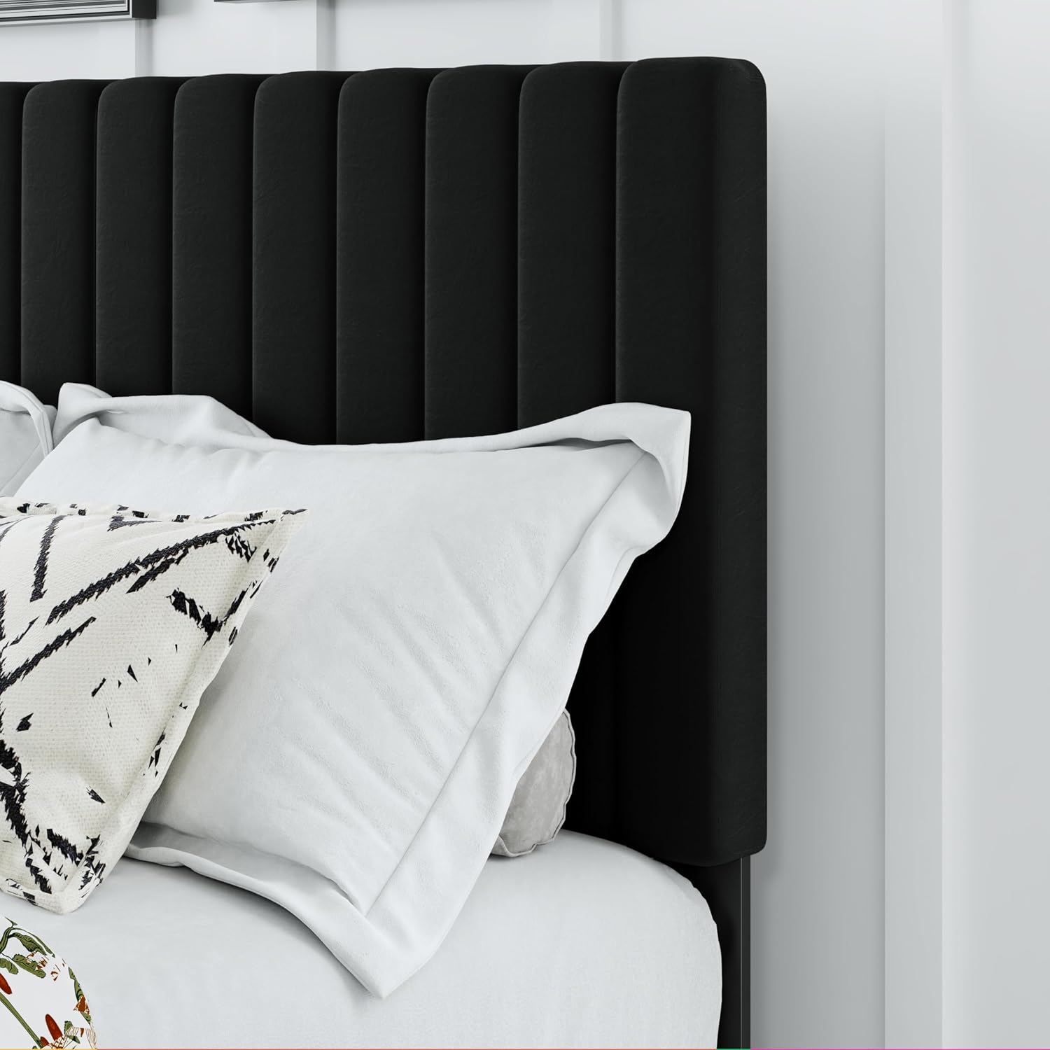 Queen Size Bed Frame, Velvet Upholstered Platform Bed with Adjustable Tufted Headboard, Sturdy Frame and Slats, Noiseless, No Box Spring Required, Easy to Assemble, Black