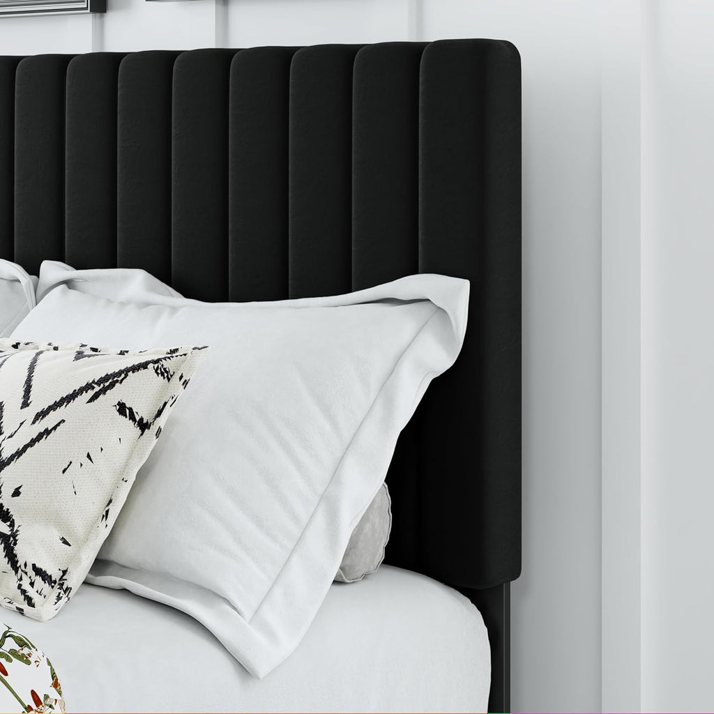 Full Size Bed Frame, Velvet Upholstered Platform Bed with Adjustable Tufted Headboard, Sturdy Frame and Slats, Noiseless, No Box Spring Required, Easy to Assemble, Black