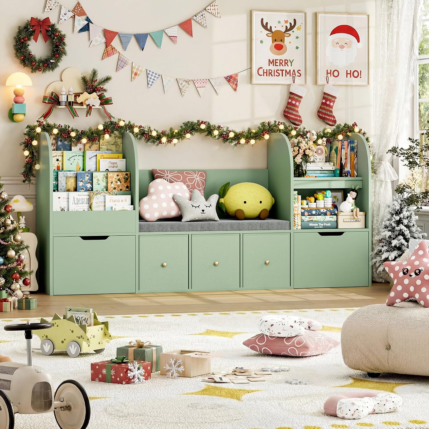FOTOSOK 71' Kids Bookshelf with Reading Nook, Toy Storage Organizer with Seat Cushion and 2 Movable Drawers & 3 Fabric Toy Chests, Kids Reading Nook Toy Organizers and Storage with Bench for Playroom