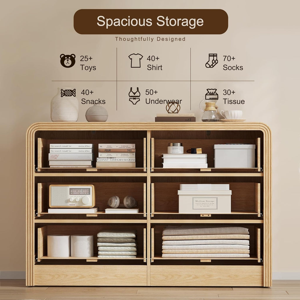 Decofy Fluted Drawers Dresser for Bedroom, Wood Dressers with Gold Handles, Modern Dressers with Wave Texture, Large Storage Chest of Drawers, Bedroom Dresser Organizer 47'' & 6 Drawers (Natural Oak)